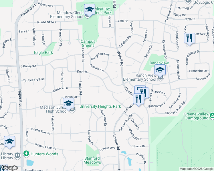 map of restaurants, bars, coffee shops, grocery stores, and more near 1420 Knoll Drive in Naperville