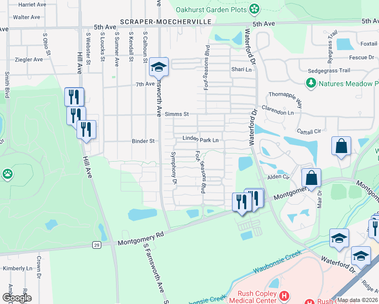 map of restaurants, bars, coffee shops, grocery stores, and more near 919 Four Seasons Boulevard in Aurora