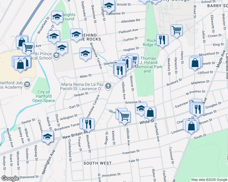 map of restaurants, bars, coffee shops, grocery stores, and more near 509 New Britain Avenue in Hartford