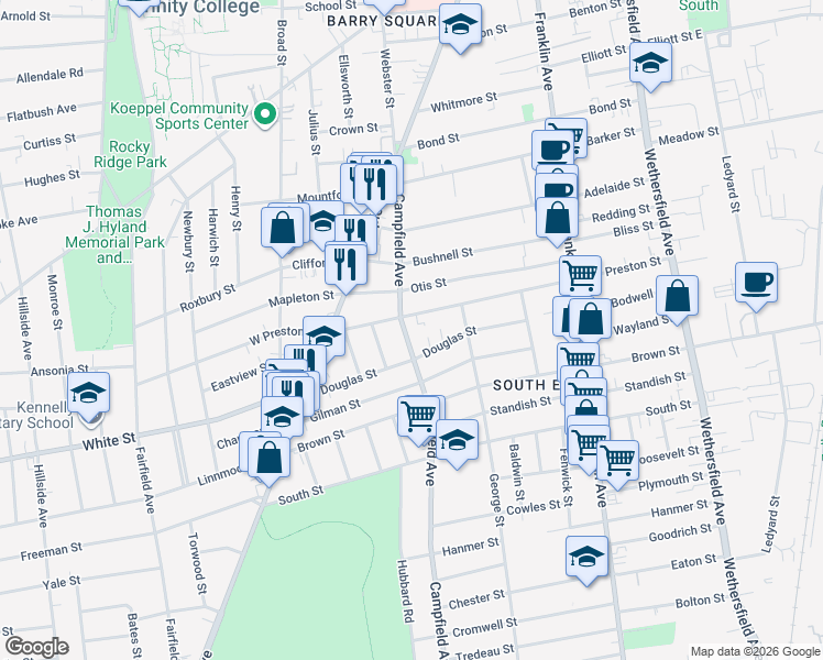 map of restaurants, bars, coffee shops, grocery stores, and more near 154 Campfield Avenue in Hartford