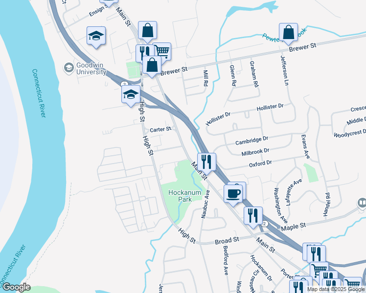 map of restaurants, bars, coffee shops, grocery stores, and more near 218 Main Street in East Hartford