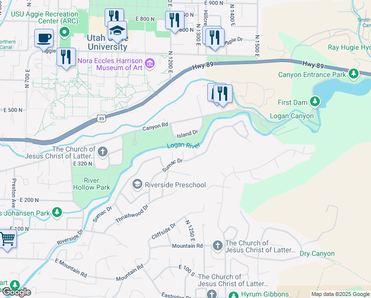 map of restaurants, bars, coffee shops, grocery stores, and more near 1243 Sumac Drive in Logan