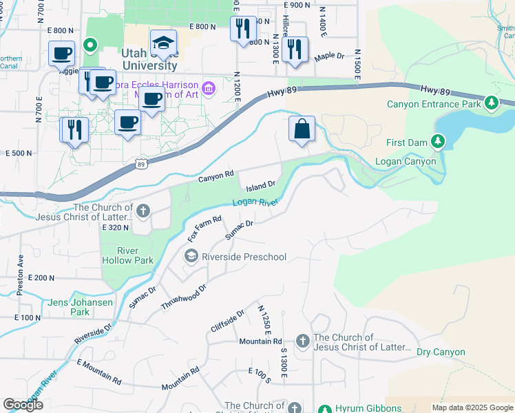 map of restaurants, bars, coffee shops, grocery stores, and more near 1243 Sumac Drive in Logan