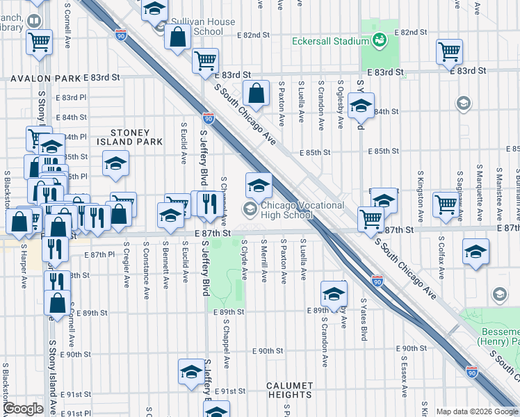 map of restaurants, bars, coffee shops, grocery stores, and more near 2100 East 87th Street in Chicago