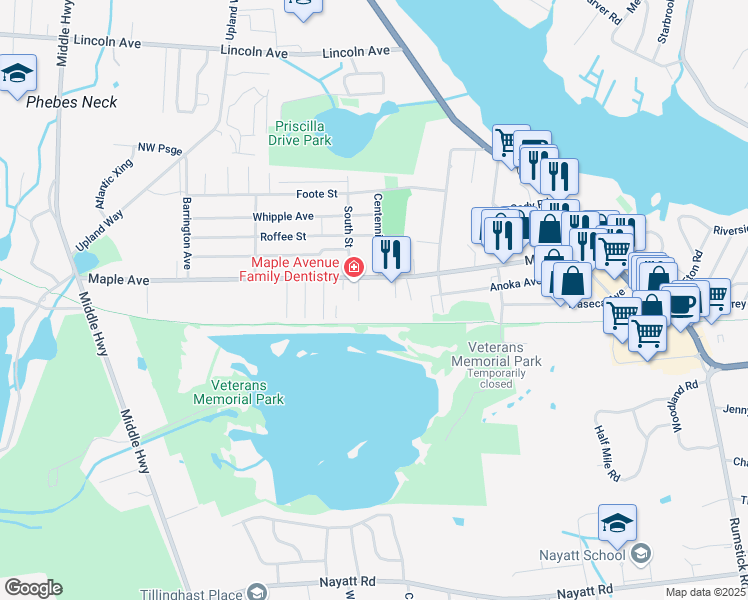map of restaurants, bars, coffee shops, grocery stores, and more near 286 Maple Avenue in Barrington