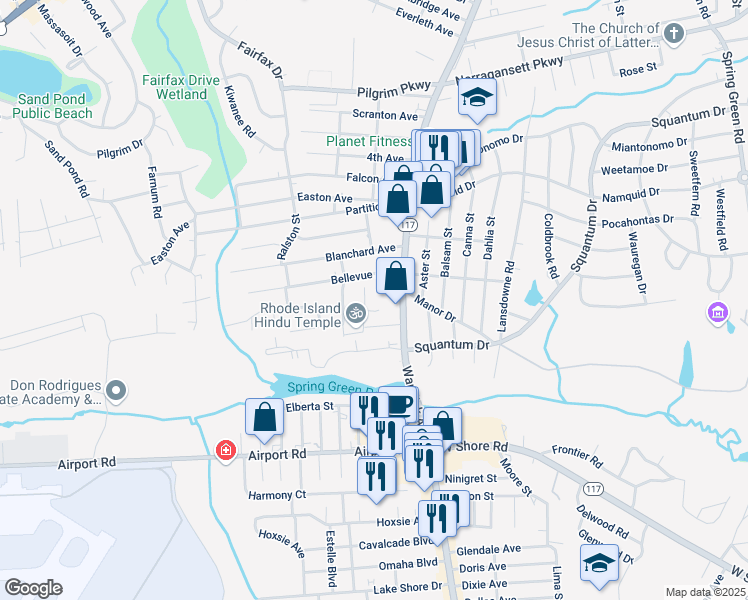 map of restaurants, bars, coffee shops, grocery stores, and more near 17 Gardiner Street in Warwick