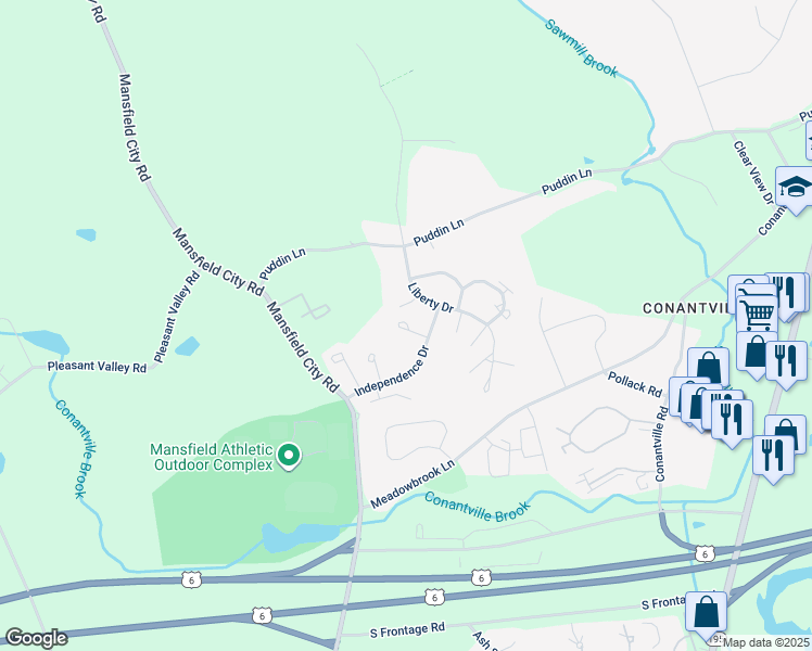 map of restaurants, bars, coffee shops, grocery stores, and more near 43 Liberty Drive in Mansfield
