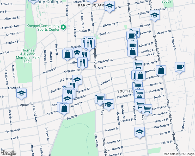 map of restaurants, bars, coffee shops, grocery stores, and more near 169 Campfield Avenue in Hartford