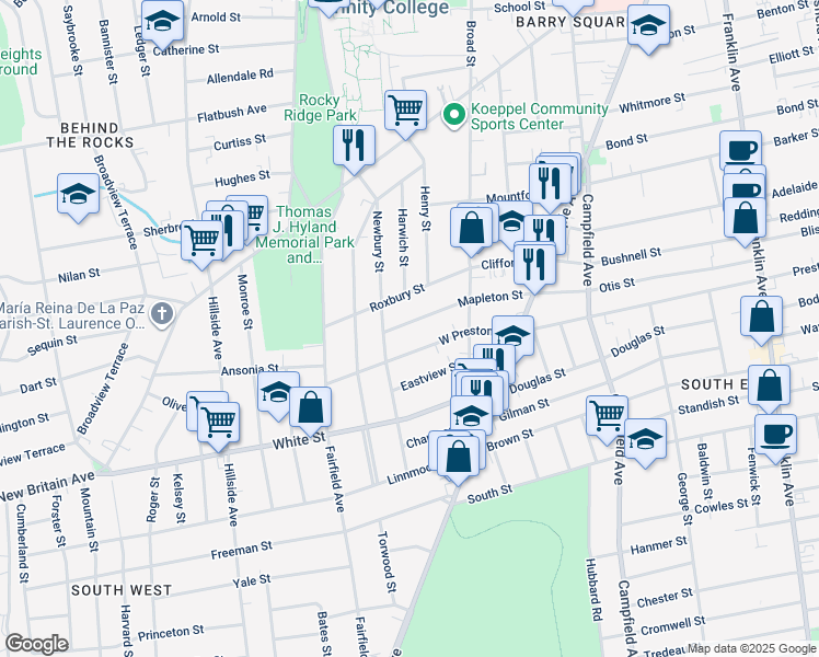 map of restaurants, bars, coffee shops, grocery stores, and more near 404 West Preston Street in Hartford