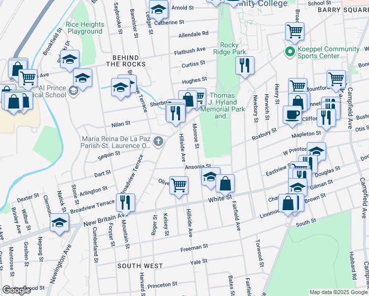 map of restaurants, bars, coffee shops, grocery stores, and more near 477 Hillside Avenue in Hartford