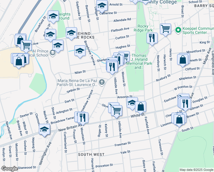 map of restaurants, bars, coffee shops, grocery stores, and more near 509 New Britain Avenue in Hartford