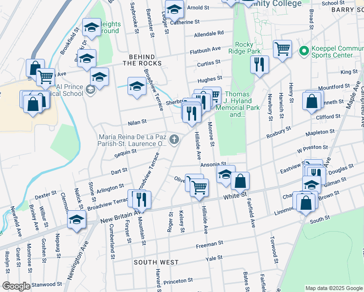 map of restaurants, bars, coffee shops, grocery stores, and more near 509 New Britain Avenue in Hartford
