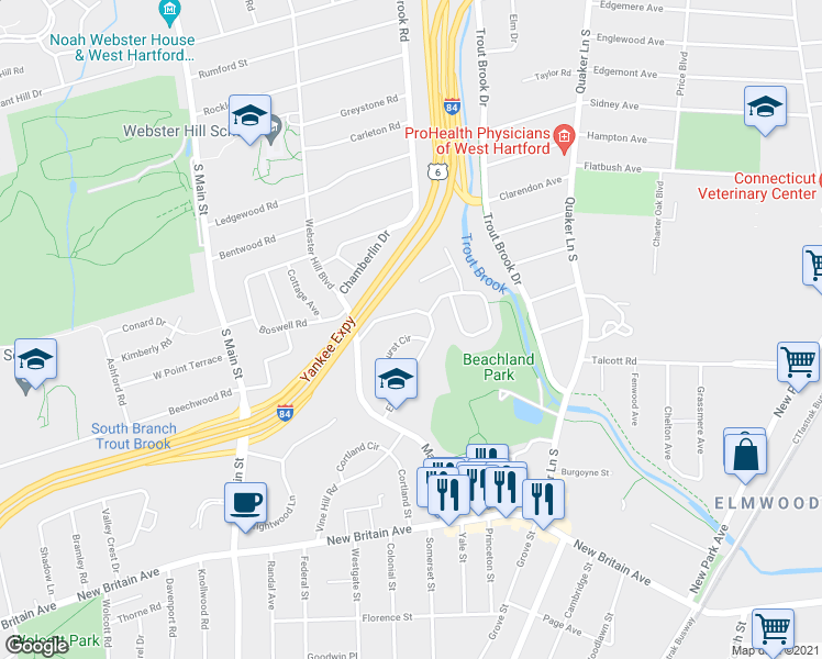 map of restaurants, bars, coffee shops, grocery stores, and more near 61 Elmhurst Street in West Hartford