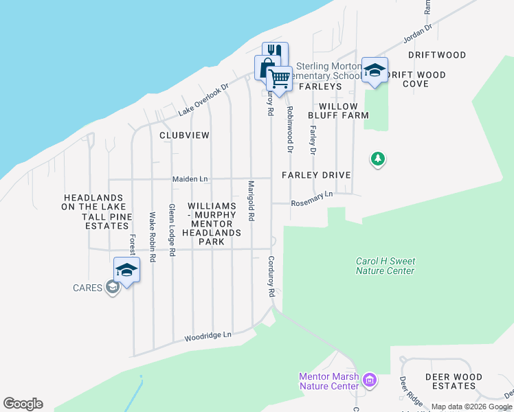 map of restaurants, bars, coffee shops, grocery stores, and more near 4904 Corduroy Road in Mentor