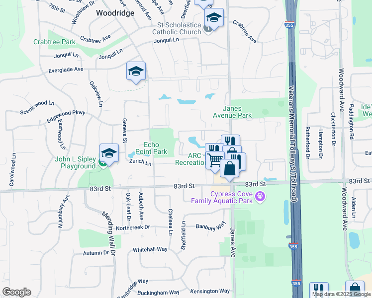 map of restaurants, bars, coffee shops, grocery stores, and more near 8201 Mourning Dove Court in Woodridge