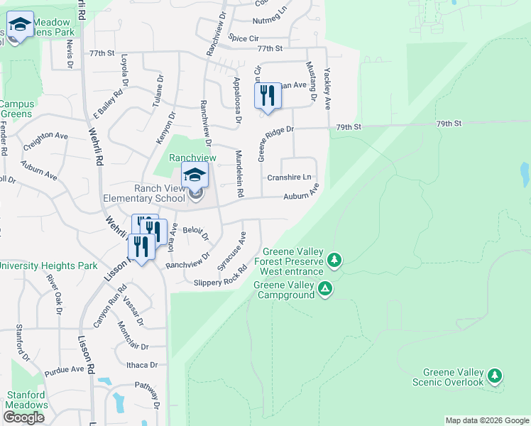map of restaurants, bars, coffee shops, grocery stores, and more near 1804 Denison Road in Naperville