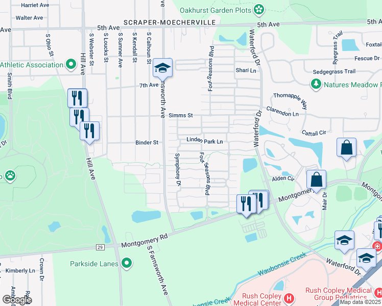 map of restaurants, bars, coffee shops, grocery stores, and more near 1622 Wild Rose Lane in Aurora