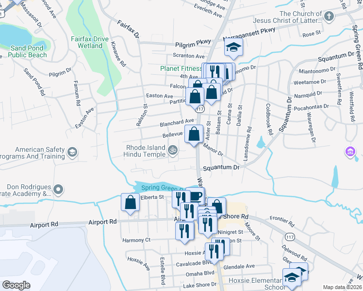 map of restaurants, bars, coffee shops, grocery stores, and more near 1403 Warwick Avenue in Warwick