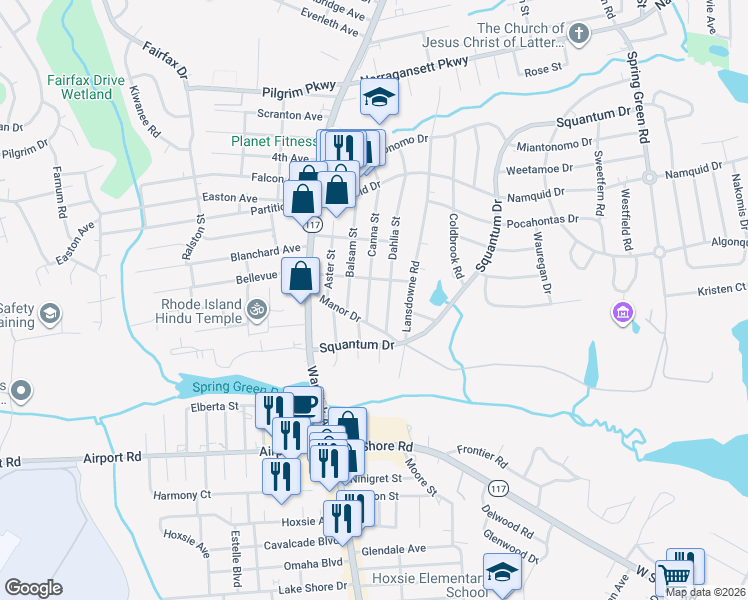 map of restaurants, bars, coffee shops, grocery stores, and more near 372 Manor Drive in Warwick