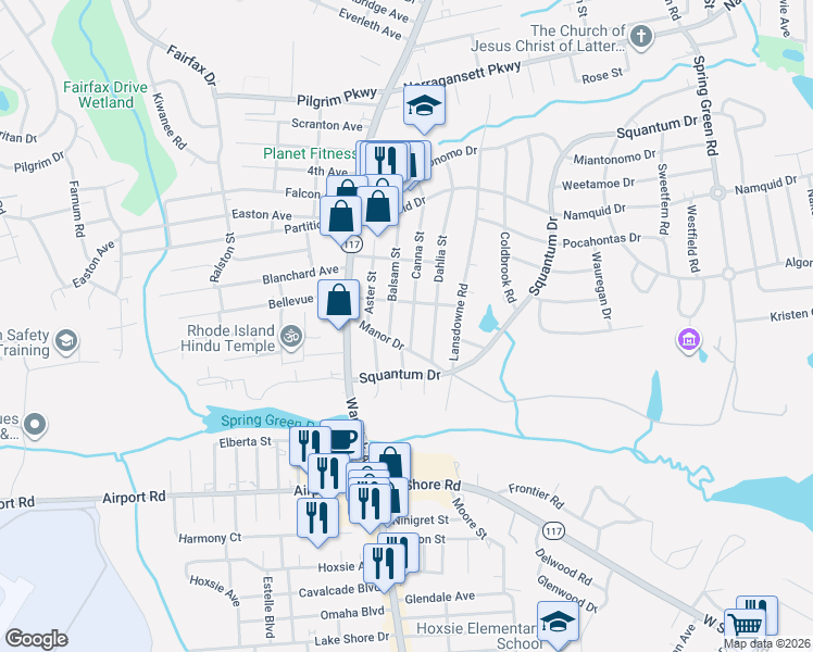 map of restaurants, bars, coffee shops, grocery stores, and more near 372 Manor Drive in Warwick