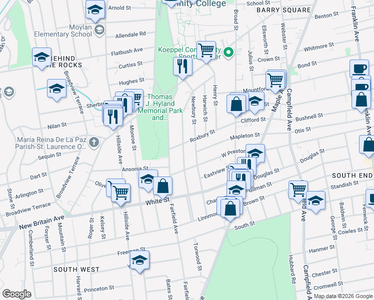 map of restaurants, bars, coffee shops, grocery stores, and more near 184 Grandview Terrace in Hartford