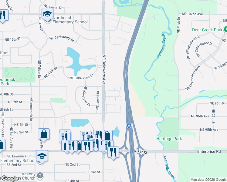 map of restaurants, bars, coffee shops, grocery stores, and more near 1203 Northeast 7th Lane in Ankeny