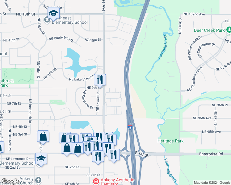 map of restaurants, bars, coffee shops, grocery stores, and more near 1207 Northeast 8th Lane in Ankeny