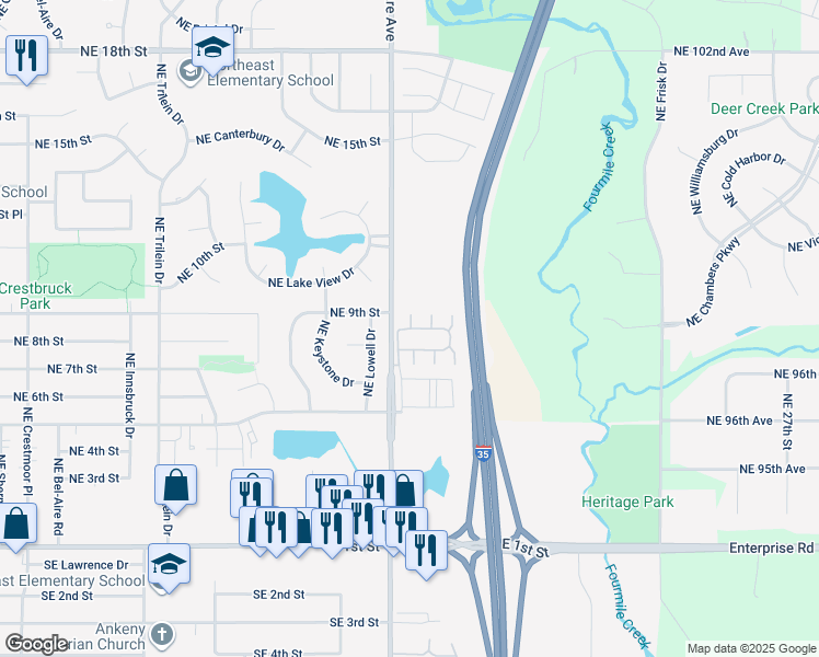 map of restaurants, bars, coffee shops, grocery stores, and more near Northeast 8th Lane in Ankeny