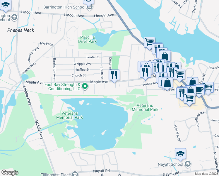 map of restaurants, bars, coffee shops, grocery stores, and more near 286 Maple Avenue in Barrington