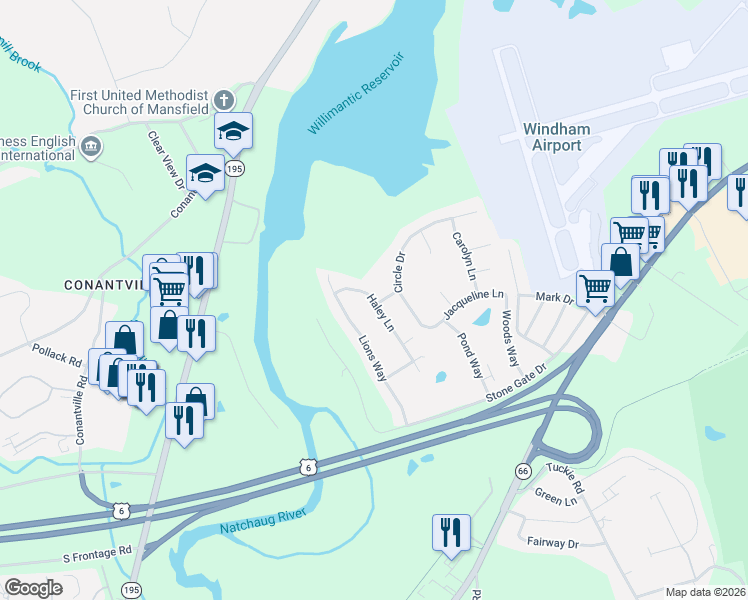 map of restaurants, bars, coffee shops, grocery stores, and more near 25 Haley Lane in Windham