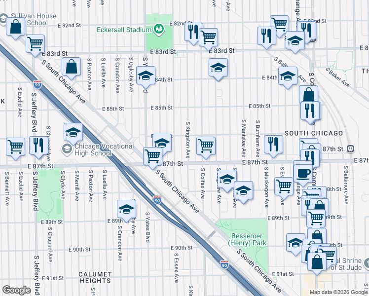 map of restaurants, bars, coffee shops, grocery stores, and more near 8626 South Kingston Avenue in Chicago