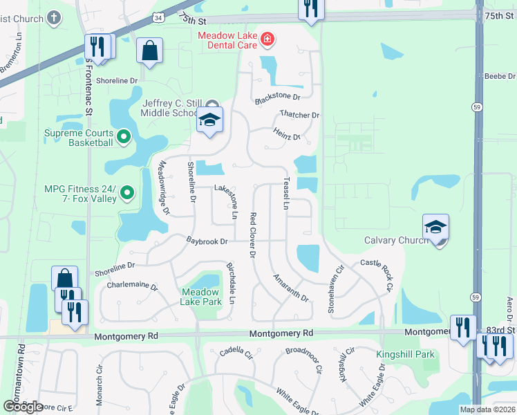 map of restaurants, bars, coffee shops, grocery stores, and more near 934 Red Clover Drive in Aurora