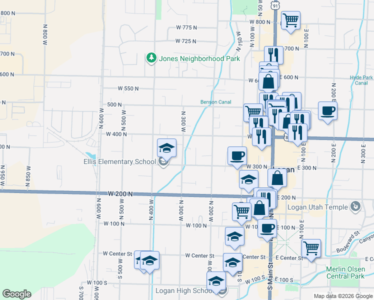 map of restaurants, bars, coffee shops, grocery stores, and more near 356 North 300 West in Logan