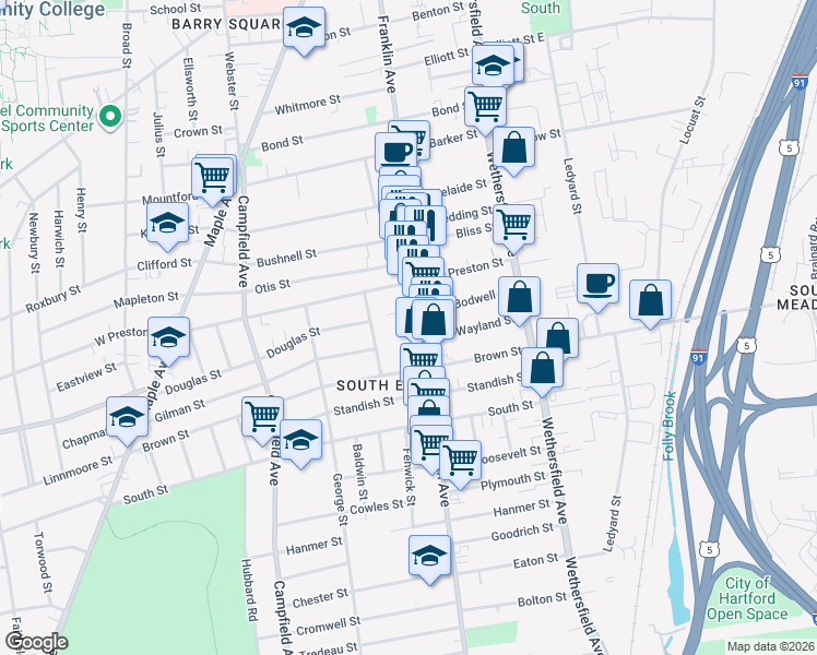 map of restaurants, bars, coffee shops, grocery stores, and more near 1 Franklin Place in Hartford