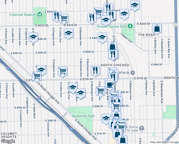 map of restaurants, bars, coffee shops, grocery stores, and more near 8629 South Burnham Avenue in Chicago