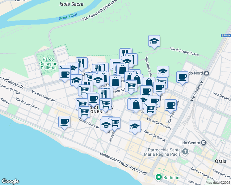 map of restaurants, bars, coffee shops, grocery stores, and more near 79 Via Corrado del Greco in Lido di Ostia