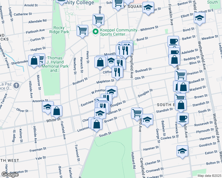 map of restaurants, bars, coffee shops, grocery stores, and more near 300 West Preston Street in Hartford