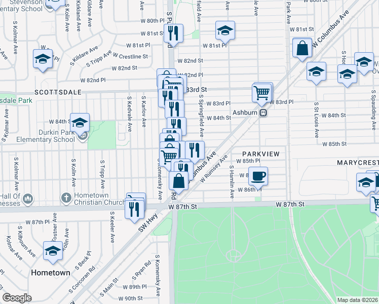 map of restaurants, bars, coffee shops, grocery stores, and more near 3919 West 84th Place in Chicago