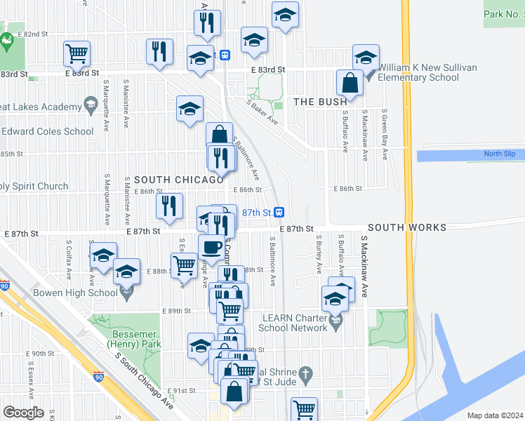 map of restaurants, bars, coffee shops, grocery stores, and more near 8632 South Baltimore Avenue in Chicago