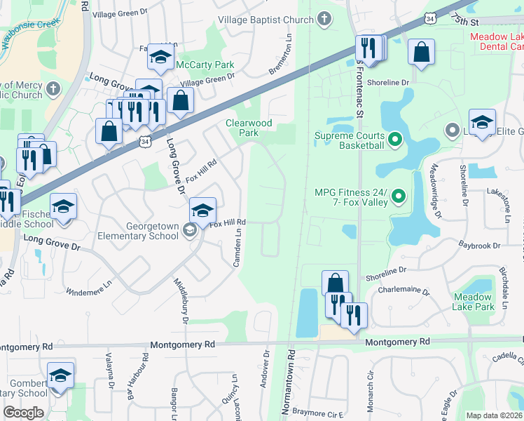 map of restaurants, bars, coffee shops, grocery stores, and more near 3275 Lynnfield Court in Aurora