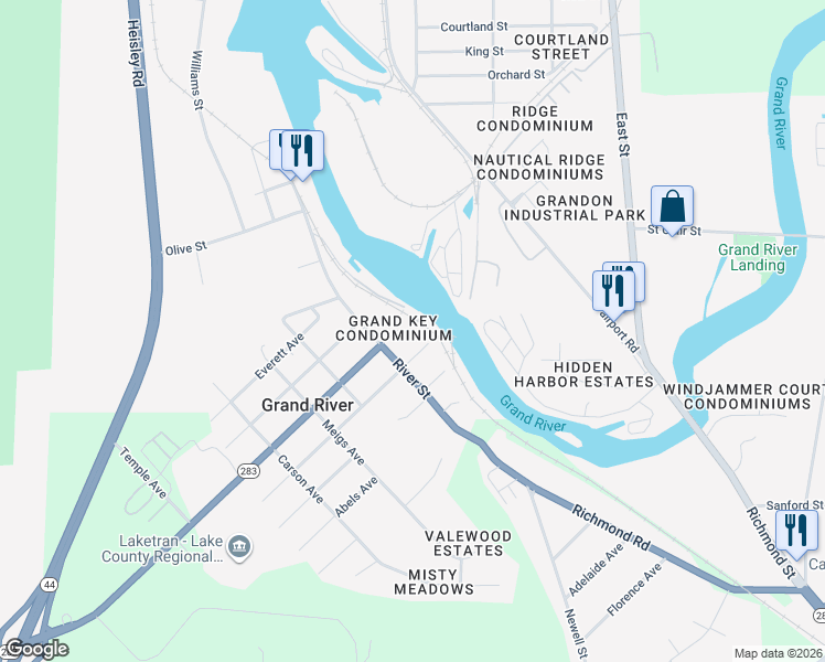 map of restaurants, bars, coffee shops, grocery stores, and more near 84 Singer Avenue in Grand River