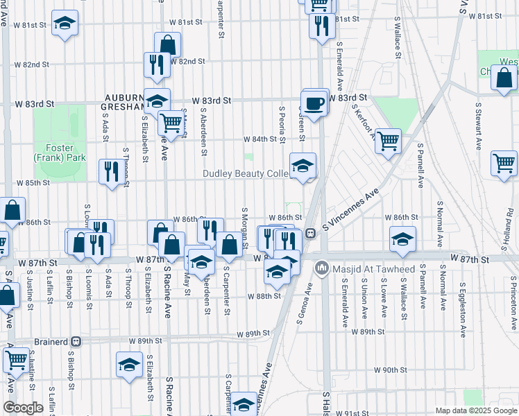 map of restaurants, bars, coffee shops, grocery stores, and more near 8544 South Sangamon Street in Chicago