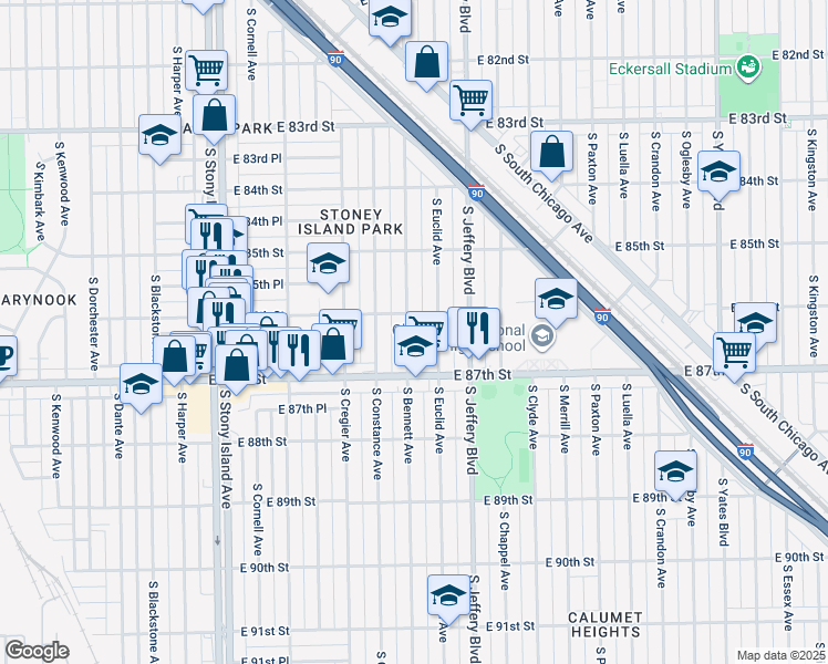map of restaurants, bars, coffee shops, grocery stores, and more near 8558 South Euclid Avenue in Chicago