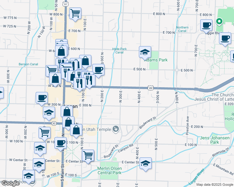 map of restaurants, bars, coffee shops, grocery stores, and more near 235 East 400 North in Logan