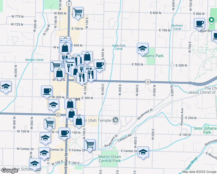 map of restaurants, bars, coffee shops, grocery stores, and more near 235 East 400 North in Logan