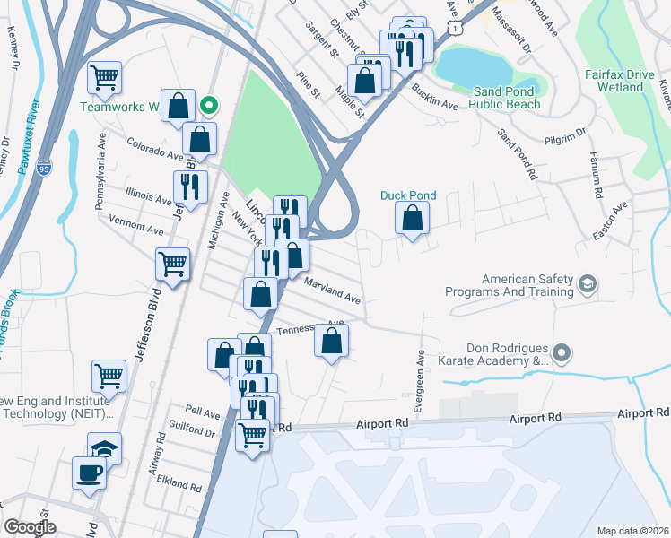 map of restaurants, bars, coffee shops, grocery stores, and more near 55 Alabama Avenue in Warwick