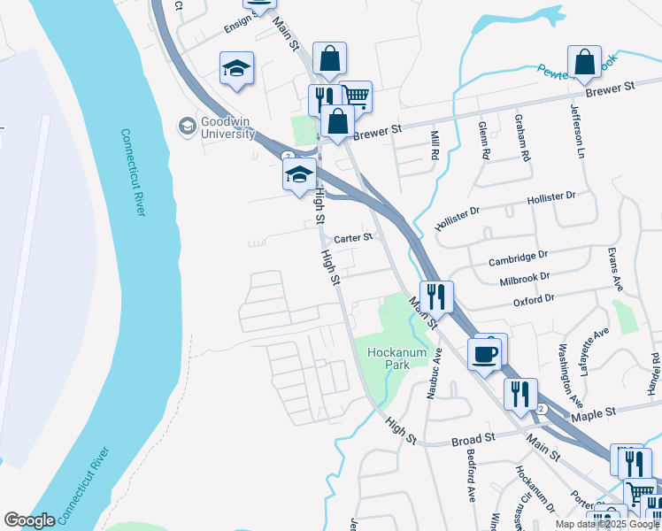 map of restaurants, bars, coffee shops, grocery stores, and more near 40 Carter Street in East Hartford