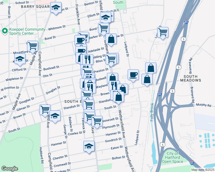 map of restaurants, bars, coffee shops, grocery stores, and more near 617 Wethersfield Avenue in Hartford