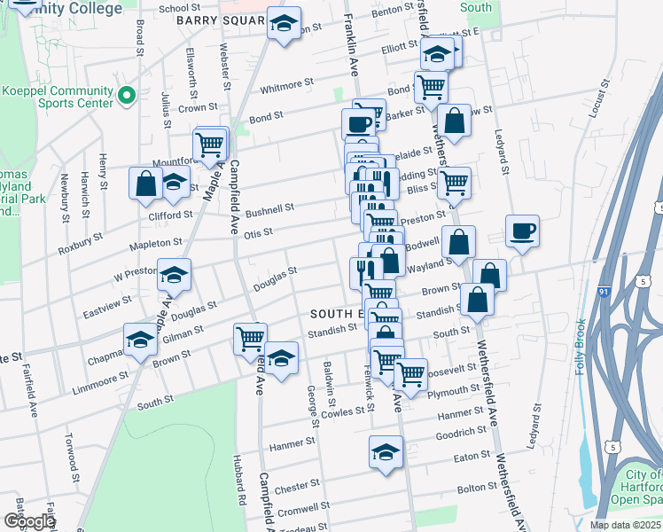 map of restaurants, bars, coffee shops, grocery stores, and more near 65 Winship Street in Hartford