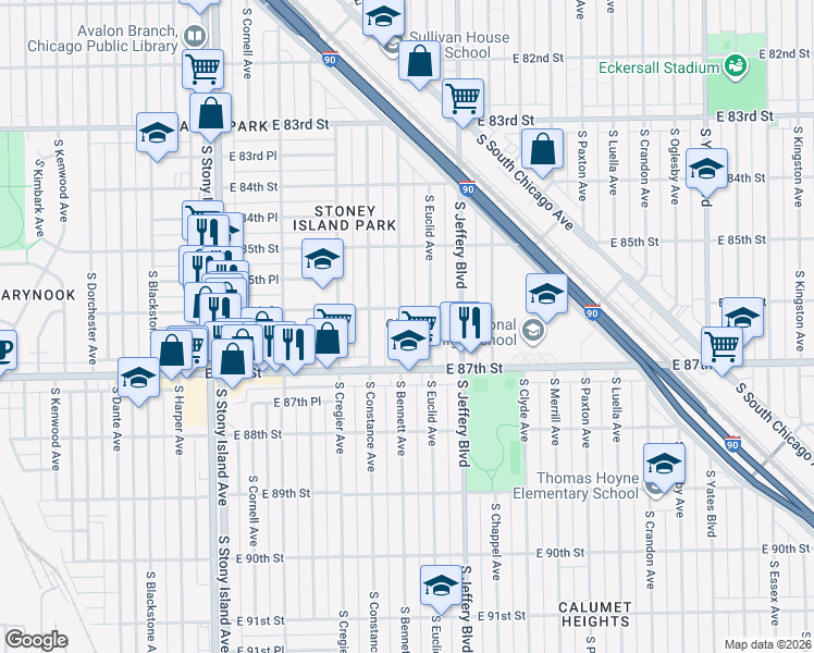 map of restaurants, bars, coffee shops, grocery stores, and more near 8558 South Euclid Avenue in Chicago